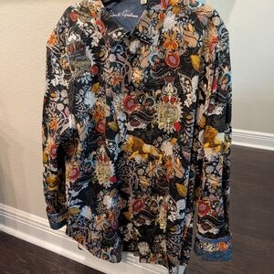 Robert Graham Black Multicolor Floral Dress Shirt W/Embroidered Crowned Skull
